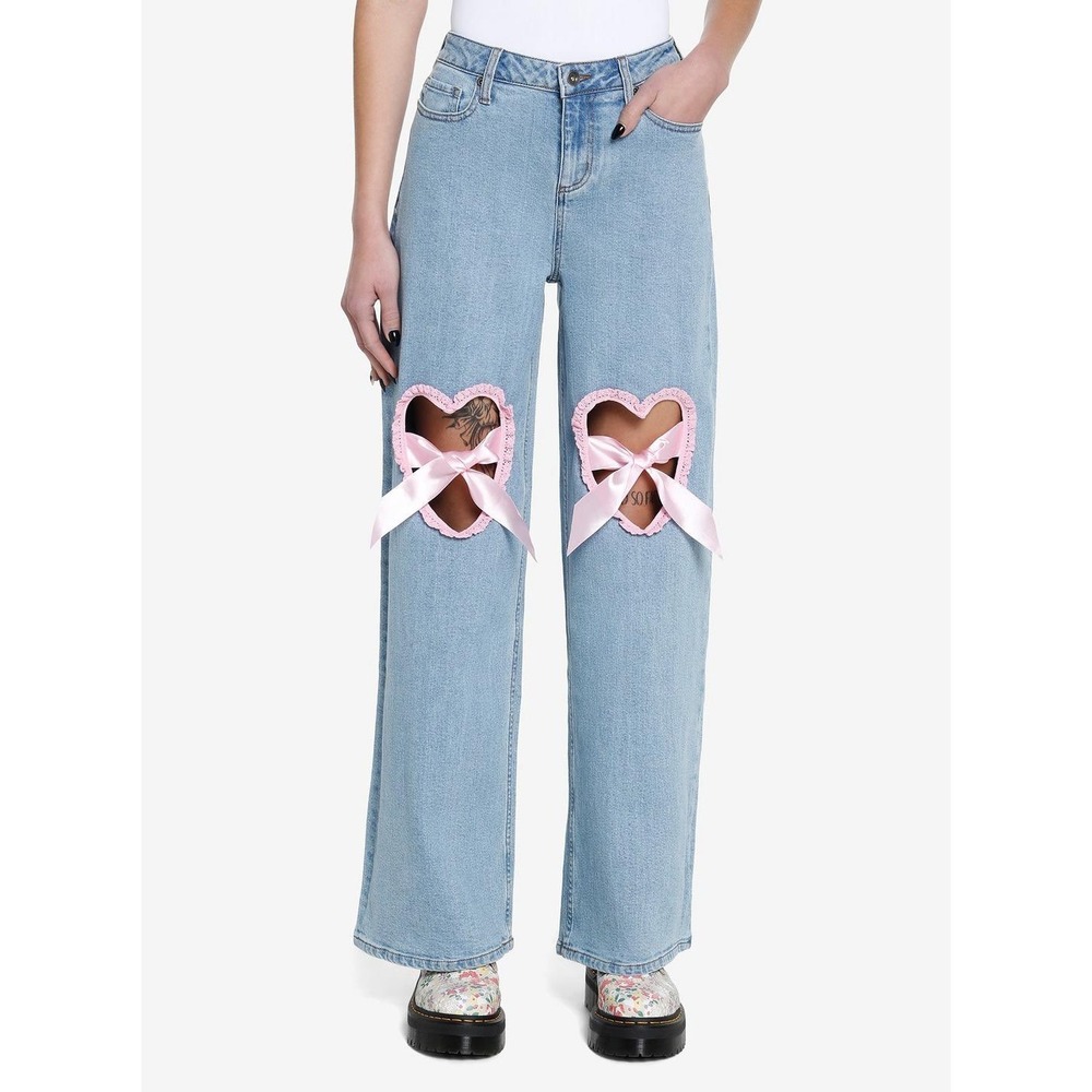 Hot Topic Light Wash Pink Ruffle Ribbon Heart Cutout Lace Wide Leg Jeans Size 0